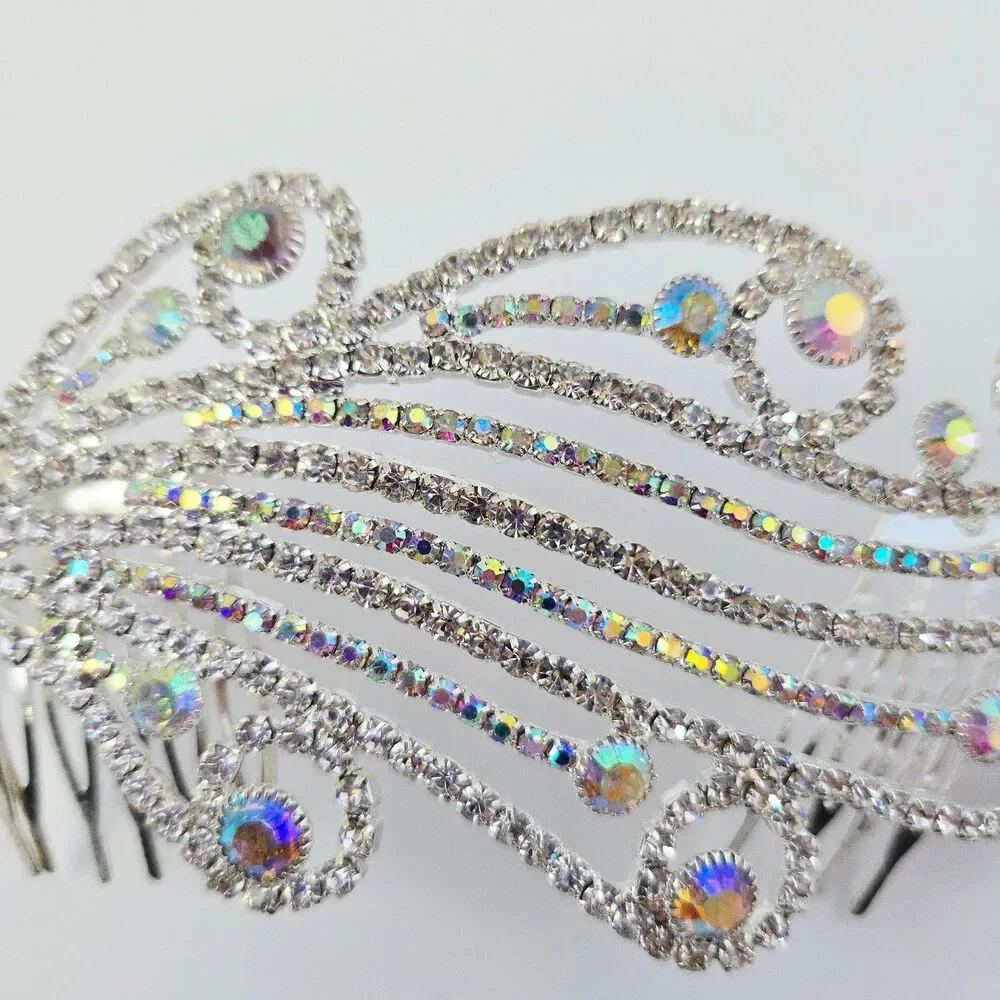 Aurora Borealis Bridal Hair Comb Rhinestone Silver Tone Wedding Formal Prom